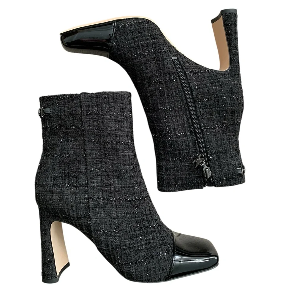 Circus by Sam Edelman Black Sparkly Tweed With Patent Leather Ankle Boots size 6 - Picture 2 of 11